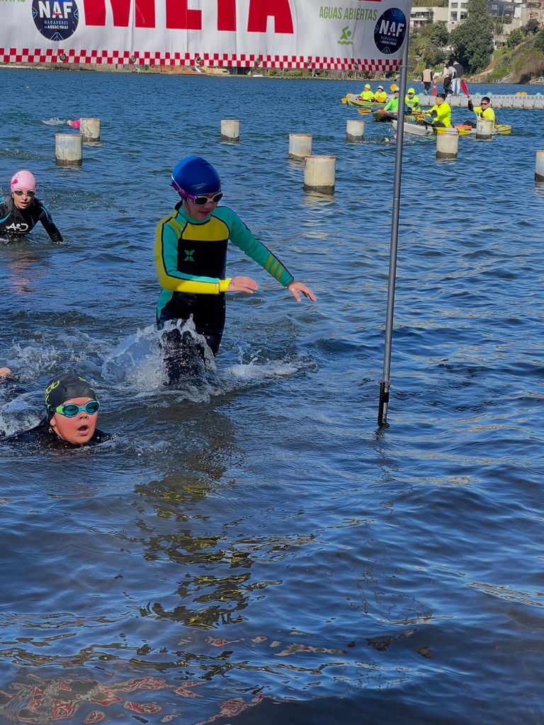 Alumnos nadando en una competencia en aguas abiertas